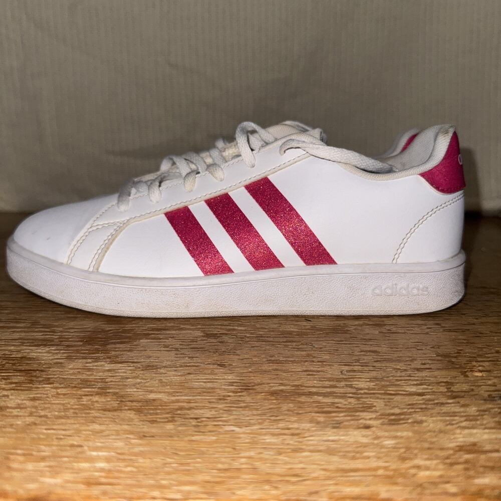 Adidas Advantage White Pink Glitter 3 Stripe Lace Up Sneakers Size 5 Athleisure